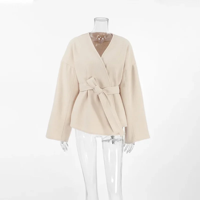 Elegant Lace Up V-Neck Coat Long Sleeve Autumn Jacket