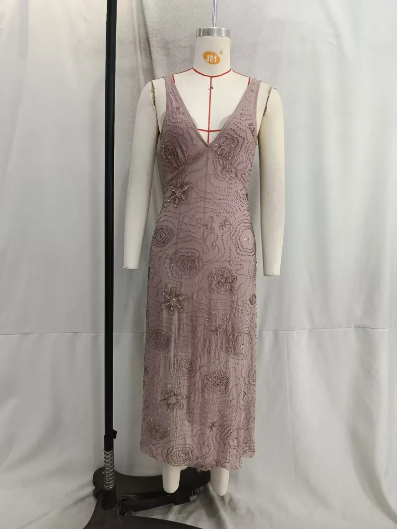 Women’s Sequin Beaded Mesh Dress Sleeveless V-Neck Evening Gown - Image 5