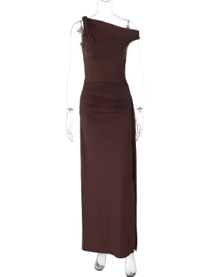 Pleated One Shoulder Maxi Dress Sleeveless High Waist Elegance
