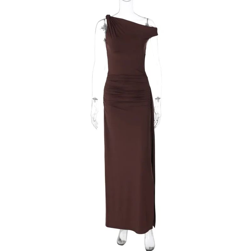 Pleated One Shoulder Maxi Dress Sleeveless High Waist Elegance