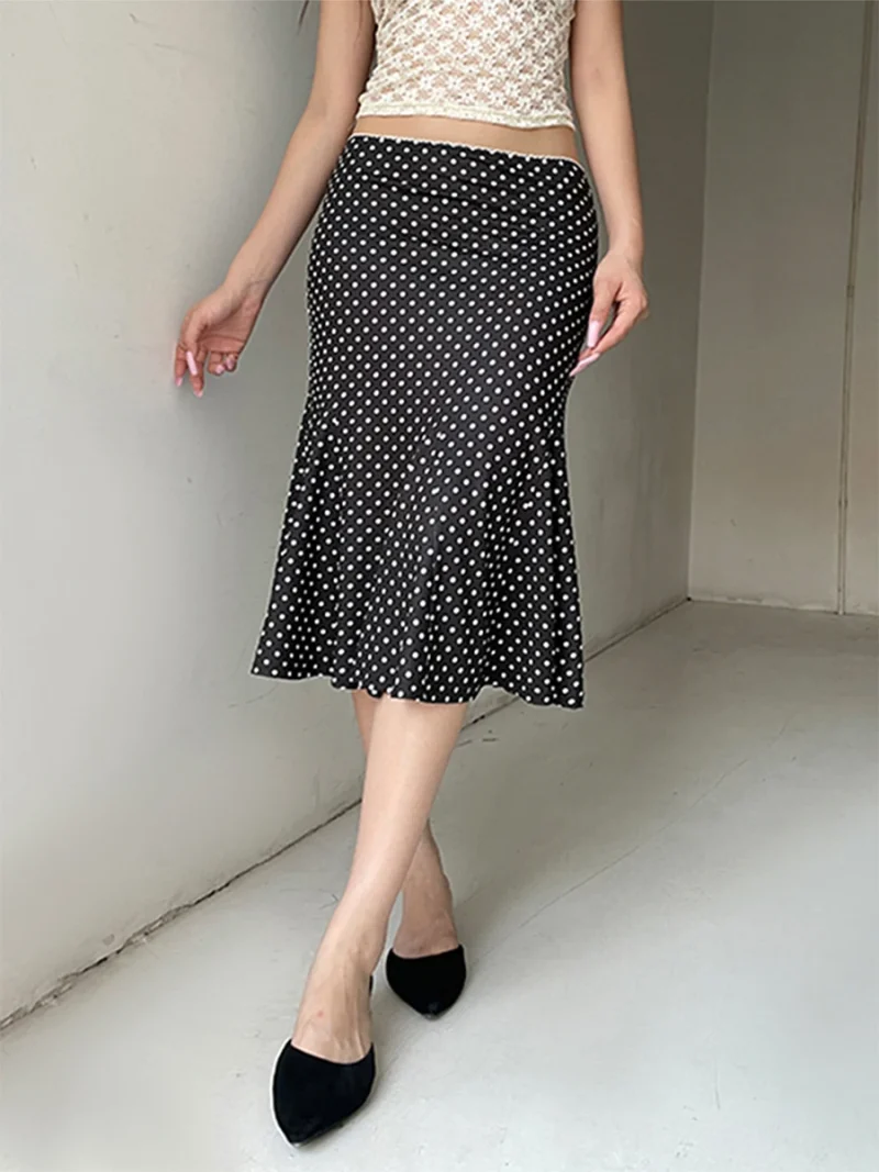 Dot Print Midi Skirt Low Waist Casual Spring Summer Style - Image 5