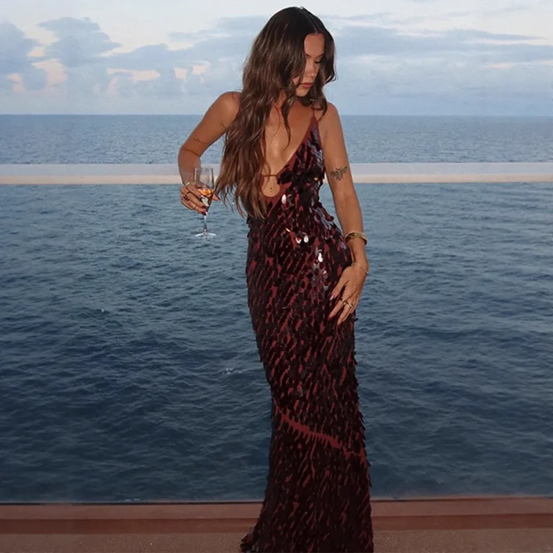 Sequin Slip Maxi Dress Deep V-Neck Backless Party Style - Image 4