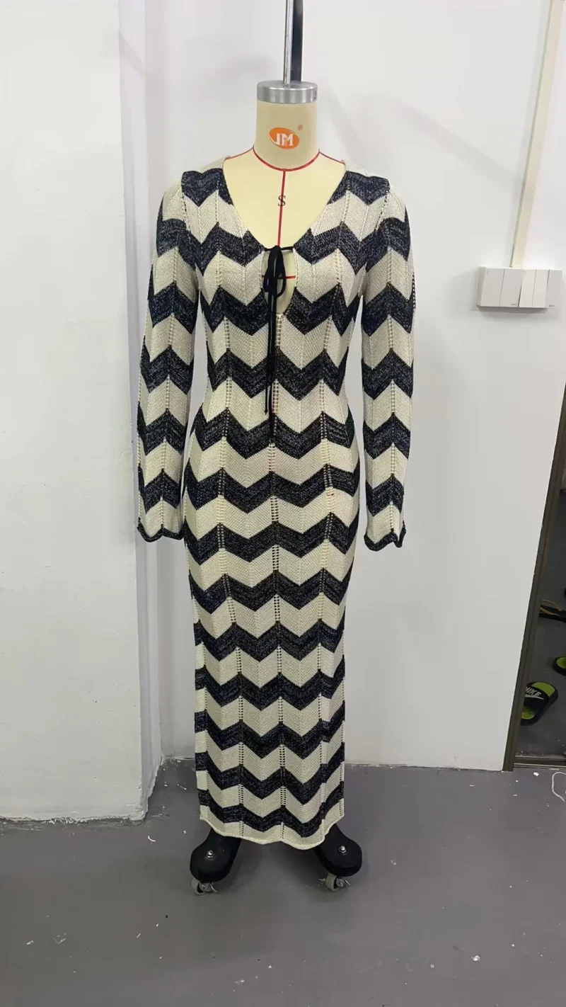 Women’s Striped Knitted Maxi Dress with Lace Up V-Neck - Image 6