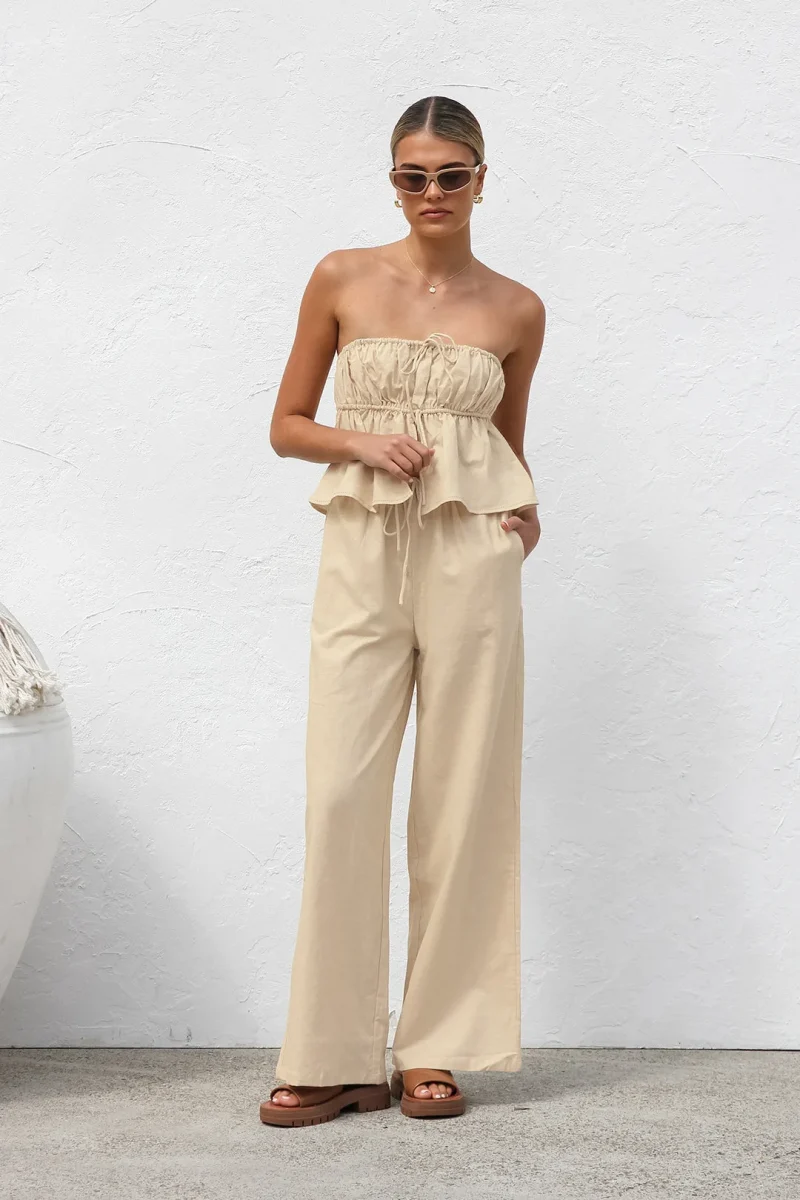 Cotton Linen Pant Set Strapless Top with Wide Leg Trousers - Image 4