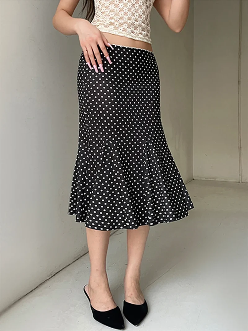 Dot Print Midi Skirt Low Waist Casual Spring Summer Style - Image 6