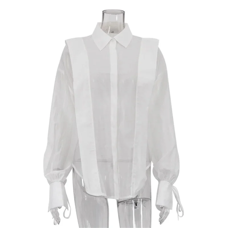 Pink White Cotton Shirt Sheer Lace-Up Long Sleeve Top - Image 6