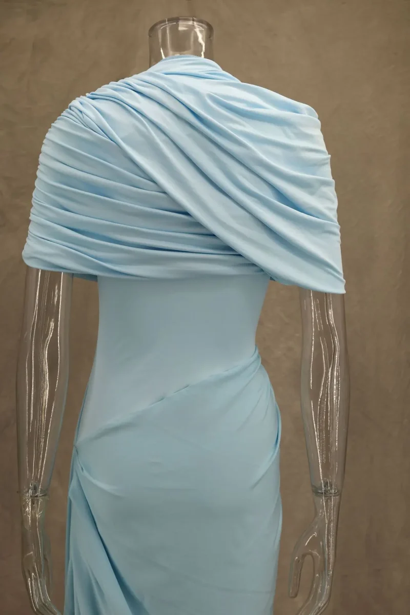 Blue Pleated Shawl Long Dress Elegant Slim Fit - Image 6
