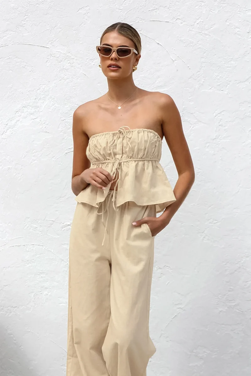 Cotton Linen Pant Set Strapless Top with Wide Leg Trousers - Image 2
