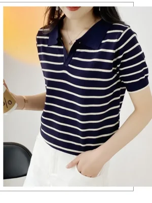 Women’s Summer Striped V-Neck Polo Tee