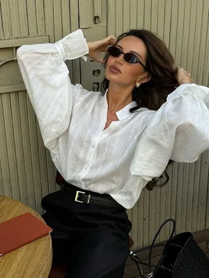 Women’s Oversized White Cotton Shirt Long Sleeve Basic Top