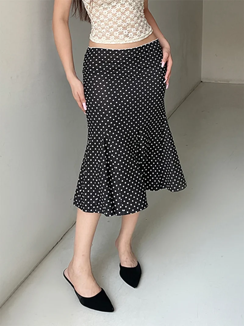 Dot Print Midi Skirt Low Waist Casual Spring Summer Style - Image 4