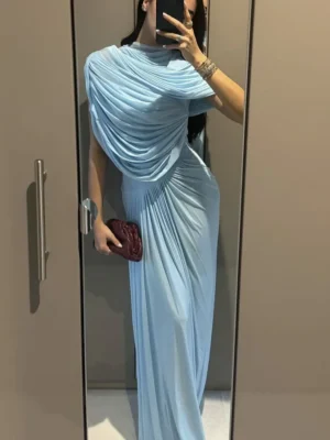 Blue Pleated Shawl Long Dress Elegant Slim Fit