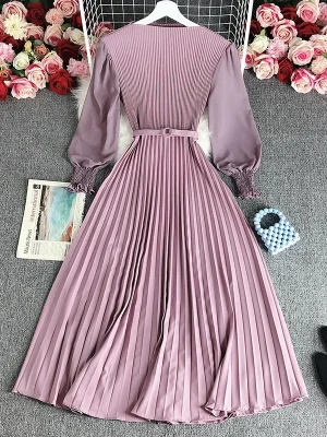 Elegant Pleated Waist Dress with Long Sleeves