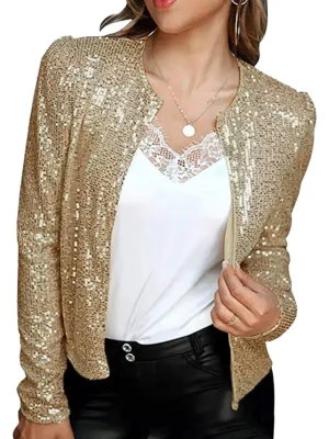 Sequin Open Front Jacket Long Sleeve Party Coat