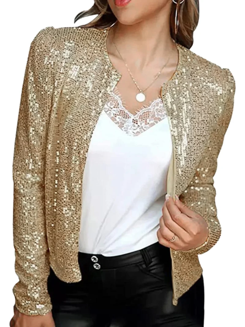 Sequin Open Front Jacket Long Sleeve Party Coat