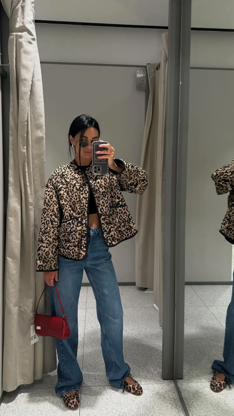 Leopard Print Cotton Coat O-Neck Long Sleeve Fall Jacket - Image 3
