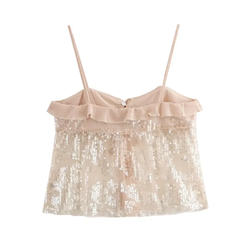 Women’s Chic Sequin Ruffle Chiffon Crop Top - Image 2