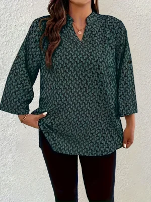 Printed Roll Tab Sleeve Blouse Plus Size Style