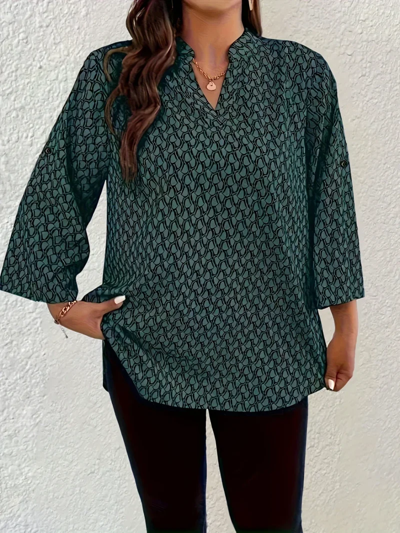 Printed Roll Tab Sleeve Blouse Plus Size Style