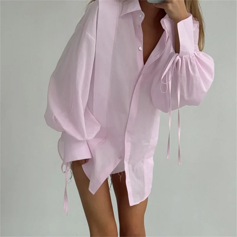 Pink White Cotton Shirt Sheer Lace-Up Long Sleeve Top - Image 5