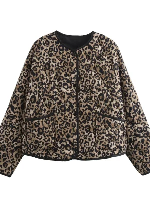 Leopard Print Cotton Coat O-Neck Long Sleeve Fall Jacket