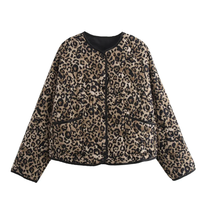 Leopard Print Cotton Coat O-Neck Long Sleeve Fall Jacket