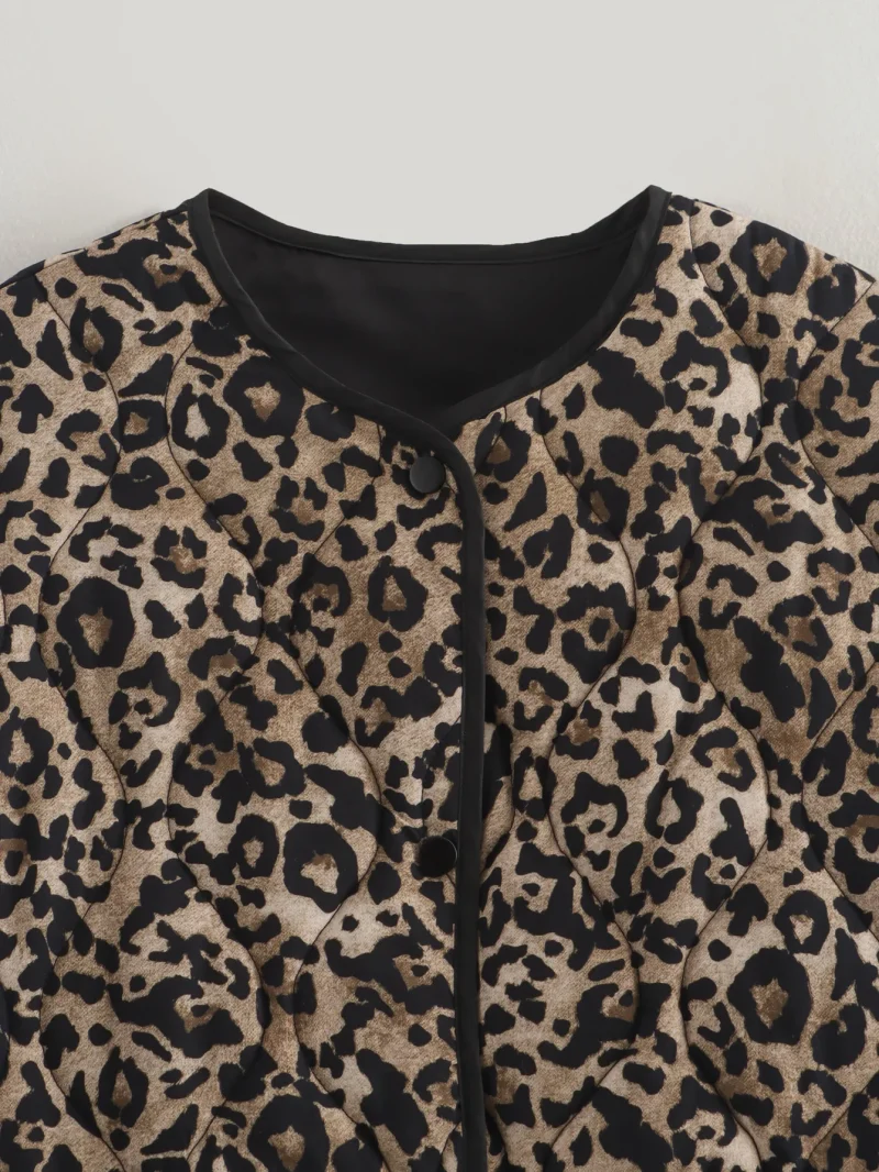 Leopard Print Cotton Coat O-Neck Long Sleeve Fall Jacket - Image 6