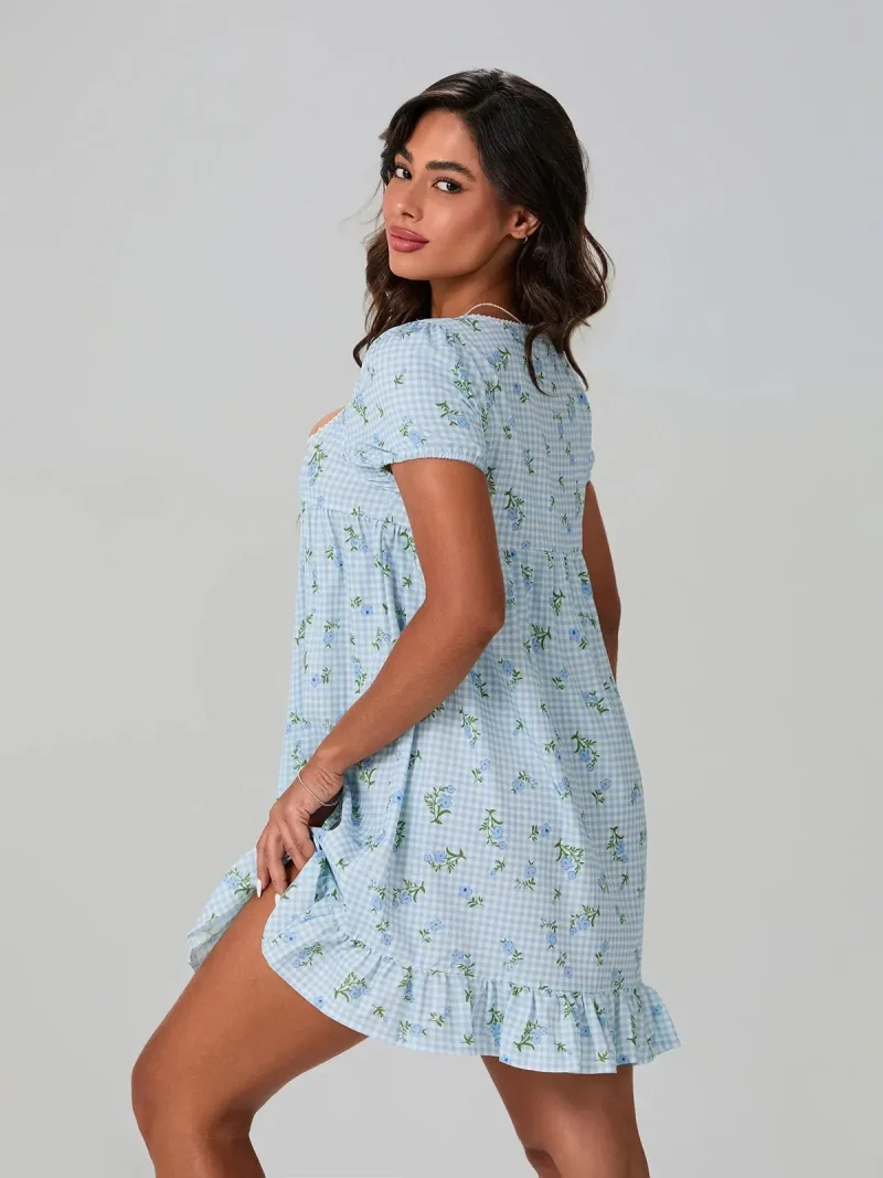 Floral Puff Sleeve Short Dress Tie Up A-Line Boho Style - Image 6