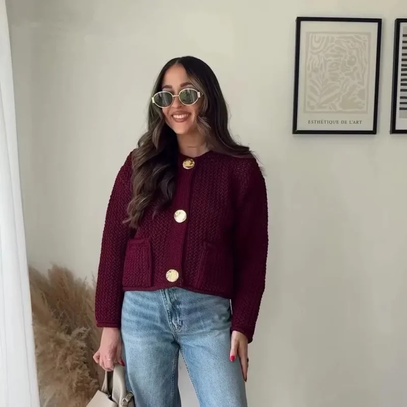 Wine Red Knit Cardigan Sweater for Women - Image 3