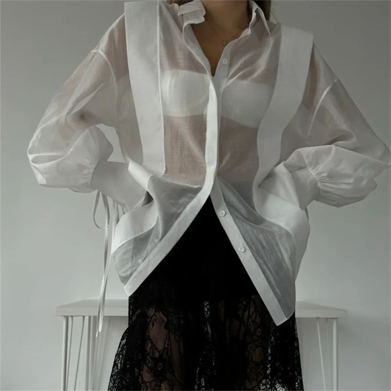 Pink White Cotton Shirt Sheer Lace-Up Long Sleeve Top - Image 2