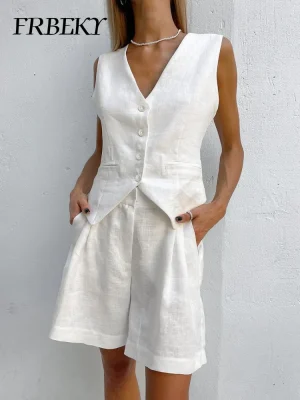Cotton Linen Two Piece Set Women’s Office Wear