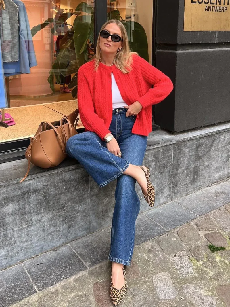 Women’s Red Knitted Cardigan Sweater with Buttons - Image 5
