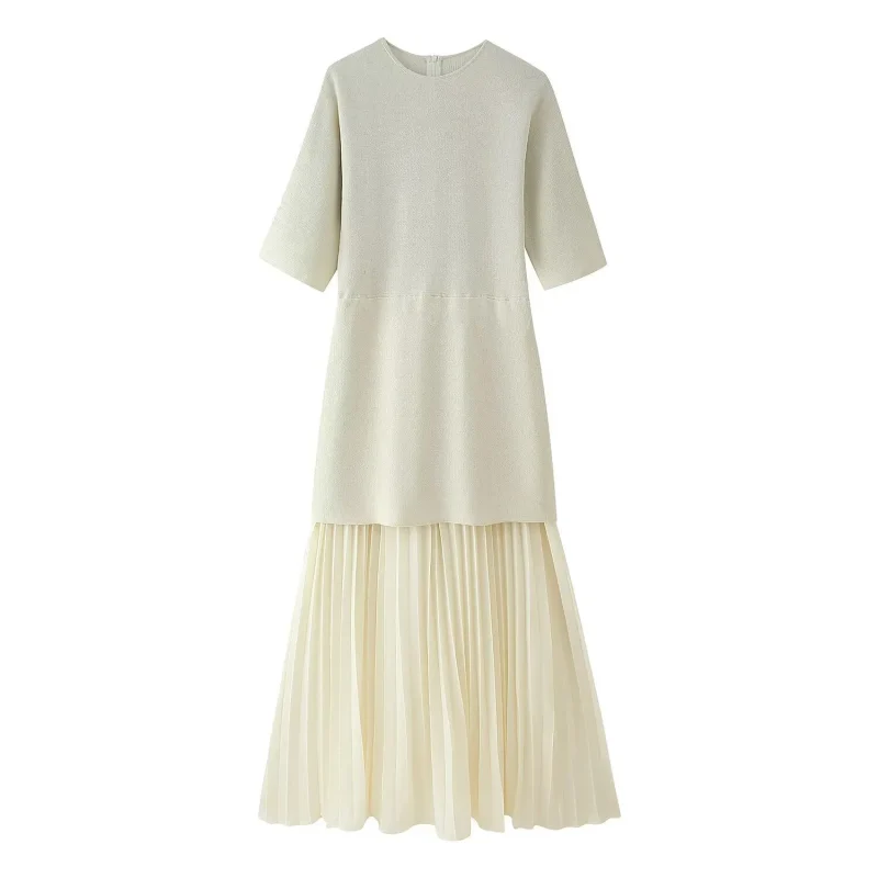 Women’s Knitted Patchwork Slim Dress with Pleats