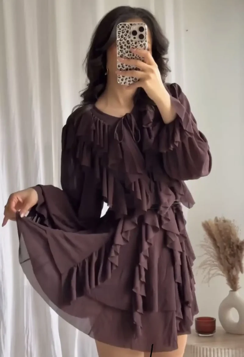 Brown Ruffle Mesh Mini Dress - Image 2