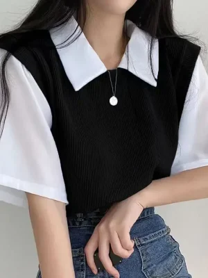 Women’s Summer Polo Collar Colorblock Top