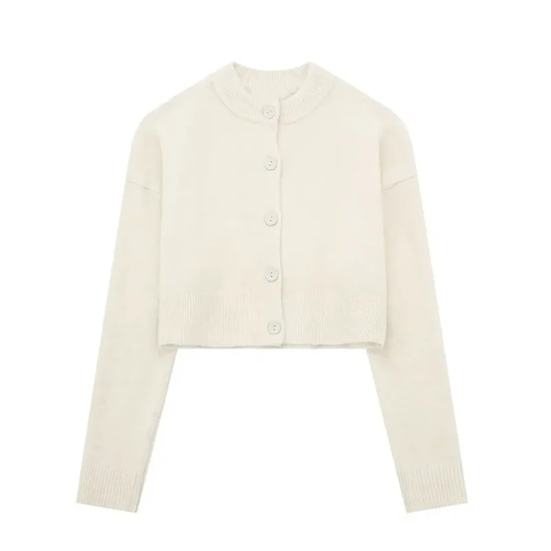 Cropped Knit Cardigan O-Neck Button Long Sleeve Top - Image 4