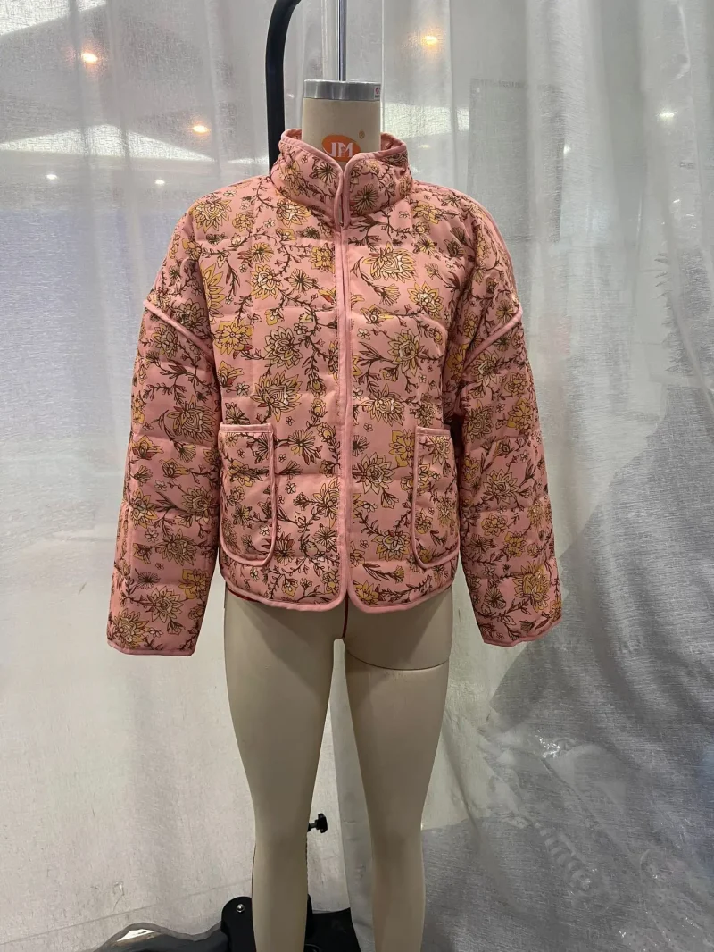 Printed Quilted Cotton Jacket High Neck Loose Fit Coat - Image 6