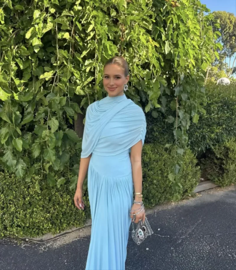 Blue Pleated Shawl Long Dress Elegant Slim Fit - Image 3