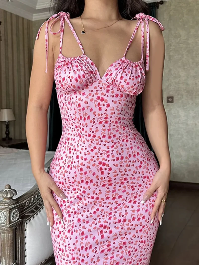 Floral Midi Dress Spaghetti Strap Tie Up V Neck - Image 6