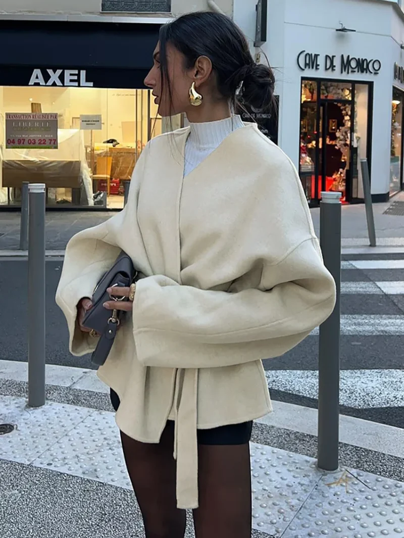 Elegant Lace Up V-Neck Coat Long Sleeve Autumn Jacket - Image 3