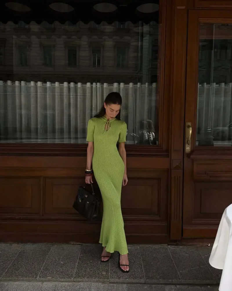 Green Knitted Maxi Dress Women Elegant Style - Image 4