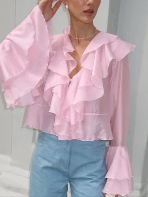 Sweet Pink Ruffle Blouse V-Neck Long Sleeve Shirt