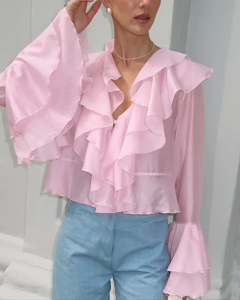Sweet Pink Ruffle Blouse V-Neck Long Sleeve Shirt