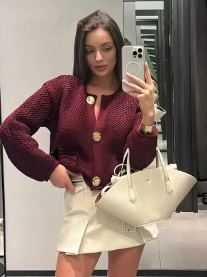 Wine Red Knit Cardigan Sweater for Women