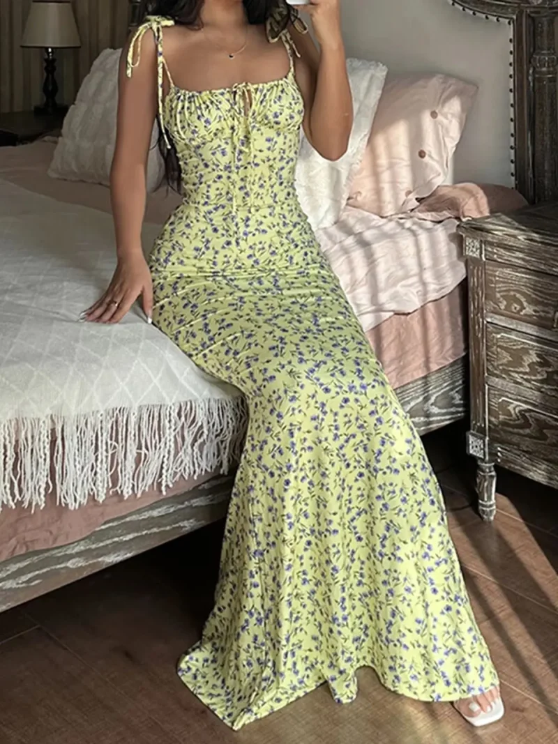 Floral Midi Dress Spaghetti Strap Tie Up V Neck - Image 2