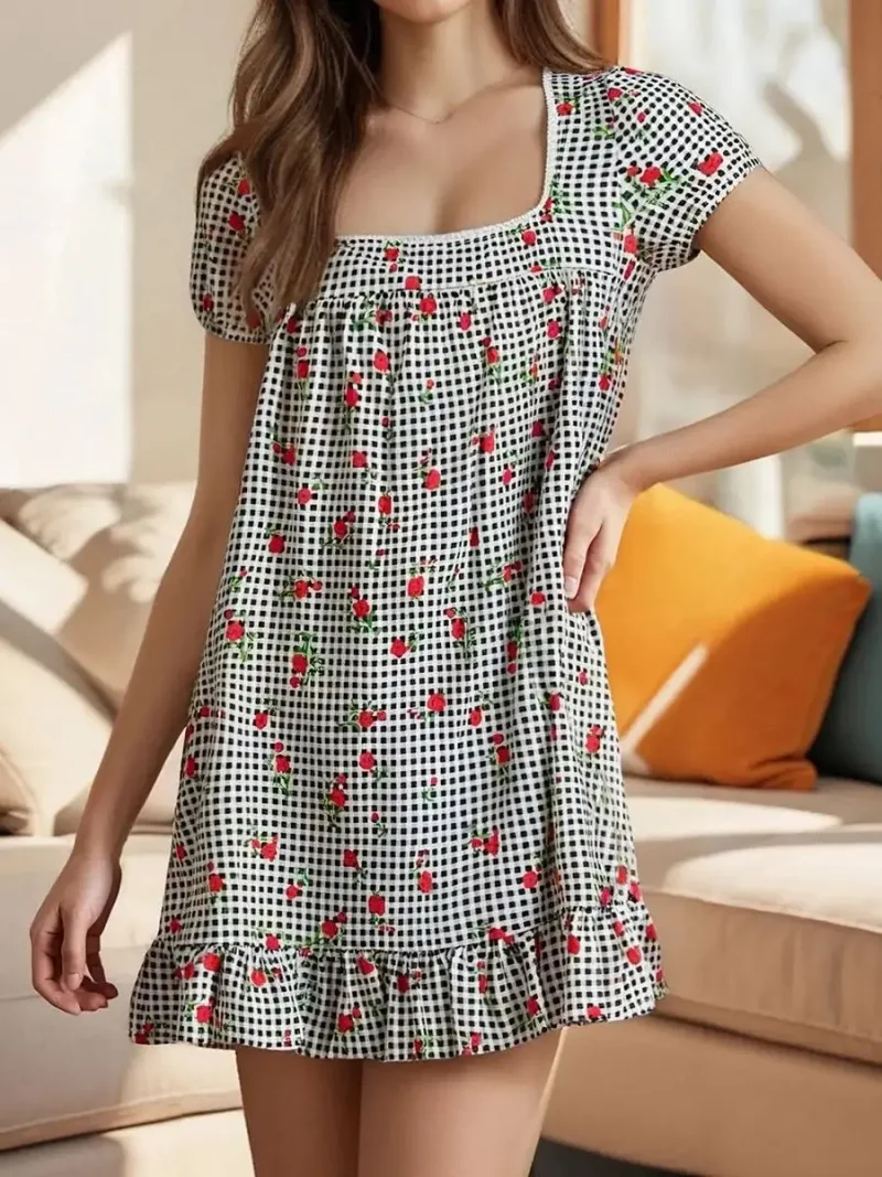 Floral Puff Sleeve Short Dress Tie Up A-Line Boho Style - Image 4