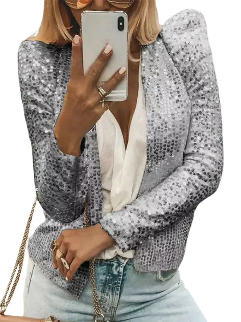 Sequin Open Front Jacket Long Sleeve Party Coat - Image 4