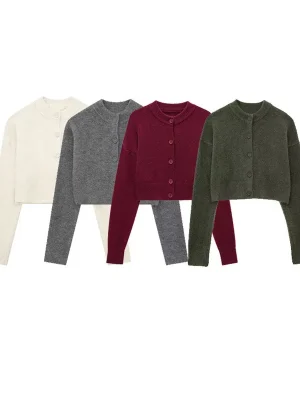 Cropped Knit Cardigan O-Neck Button Long Sleeve Top