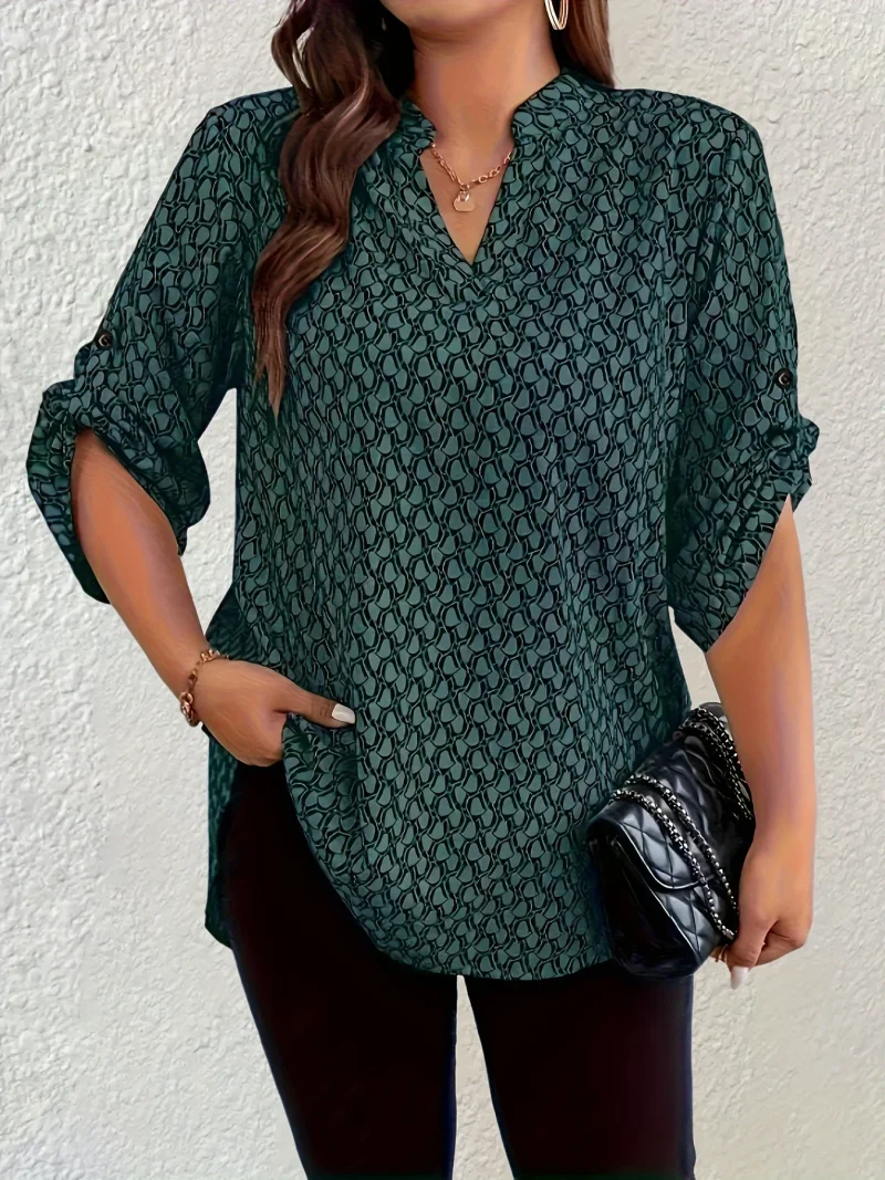 Printed Roll Tab Sleeve Blouse Plus Size Style - Image 2