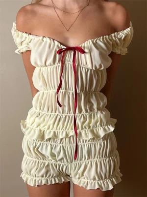 2 Piece Shorts Set Bow Ruched Top and Bloomers